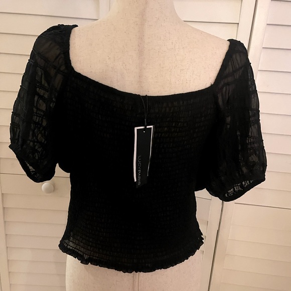 NWT Lucy Paris Black Textured Faux-Wrap Top Size XL Puff Sleeves - Picture 3 of 6